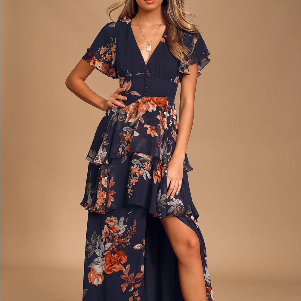 Lulu's Navy Blue Floral High-Low Dress with Rust and Cream Blooms